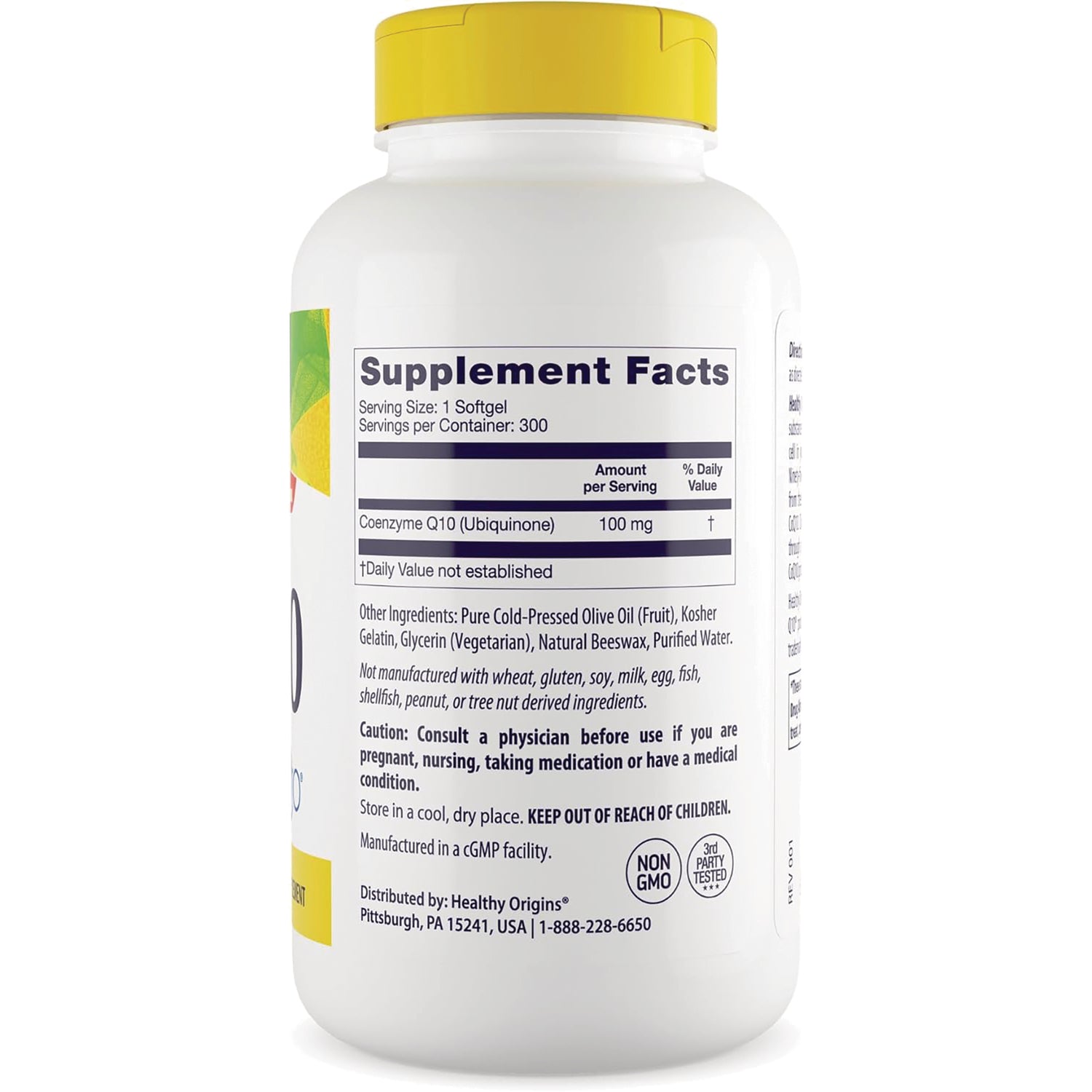 HRG180 | Back label with Supplement Facts listing Coenzyme Q10 100 mg, ingredients, cautions and manufacturer info
