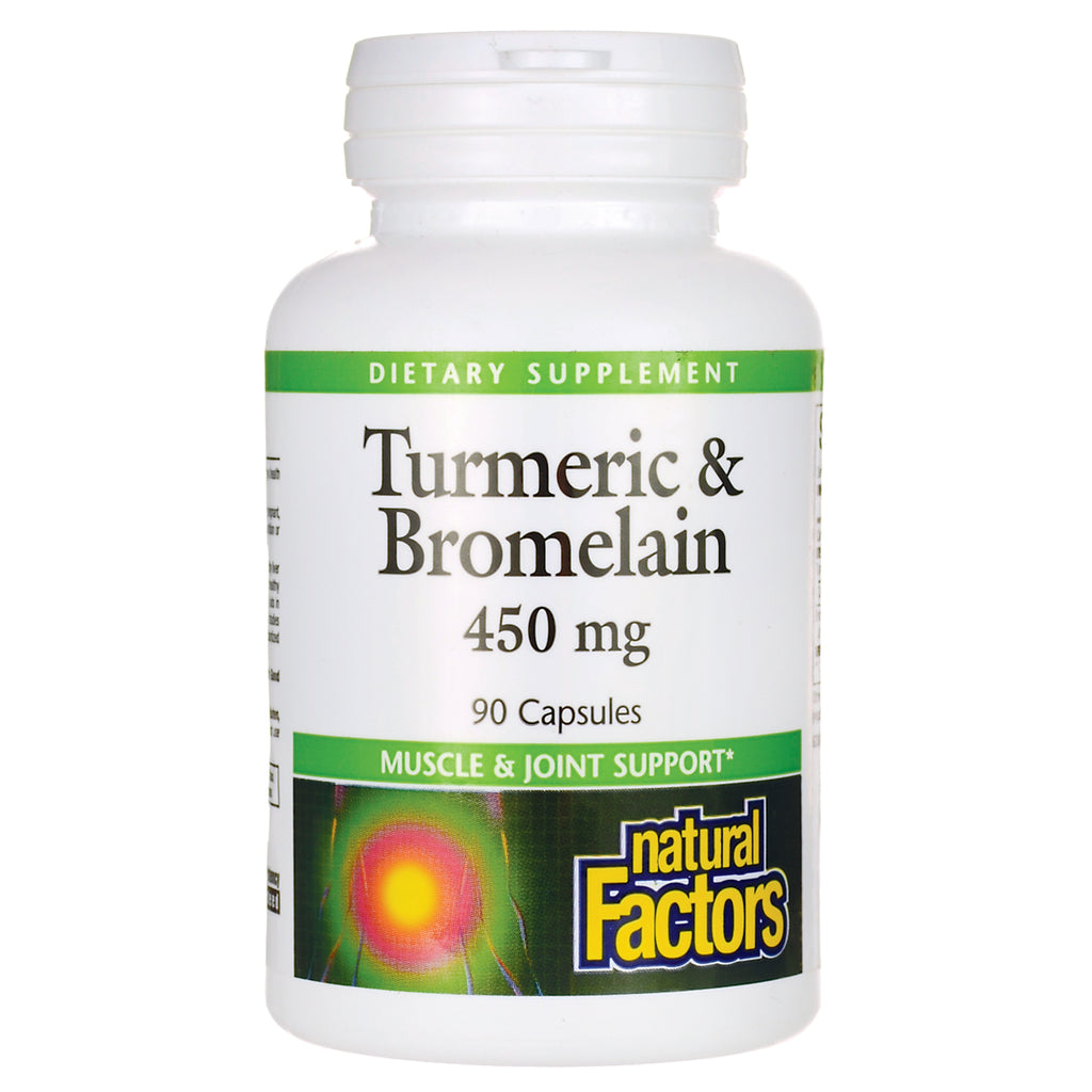 NFC013 | White supplement bottle labeled Turmeric & Bromelain 450 mg, 90 Capsules by Natural Factors - Thumbnail