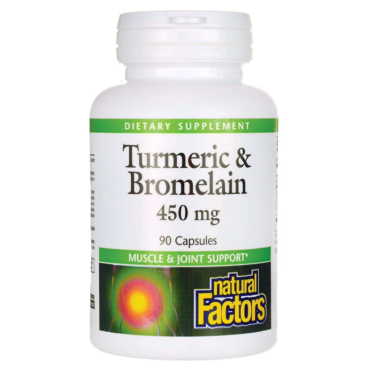 NFC013 | White supplement bottle labeled Turmeric & Bromelain 450 mg, 90 Capsules by Natural Factors