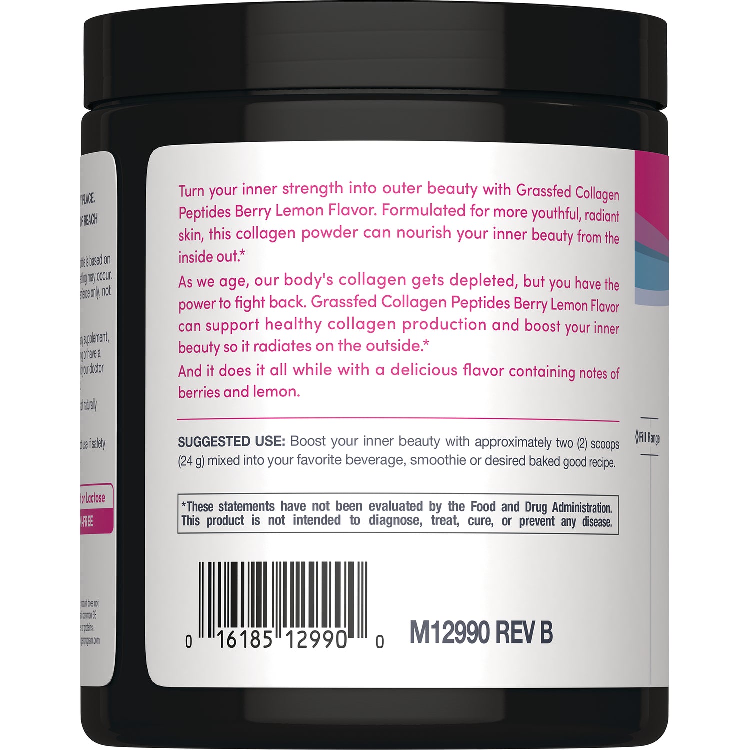 NEC045 | Back label of collagen powder jar showing berry lemon flavor text, suggested use directions, barcode and M12990 REV B