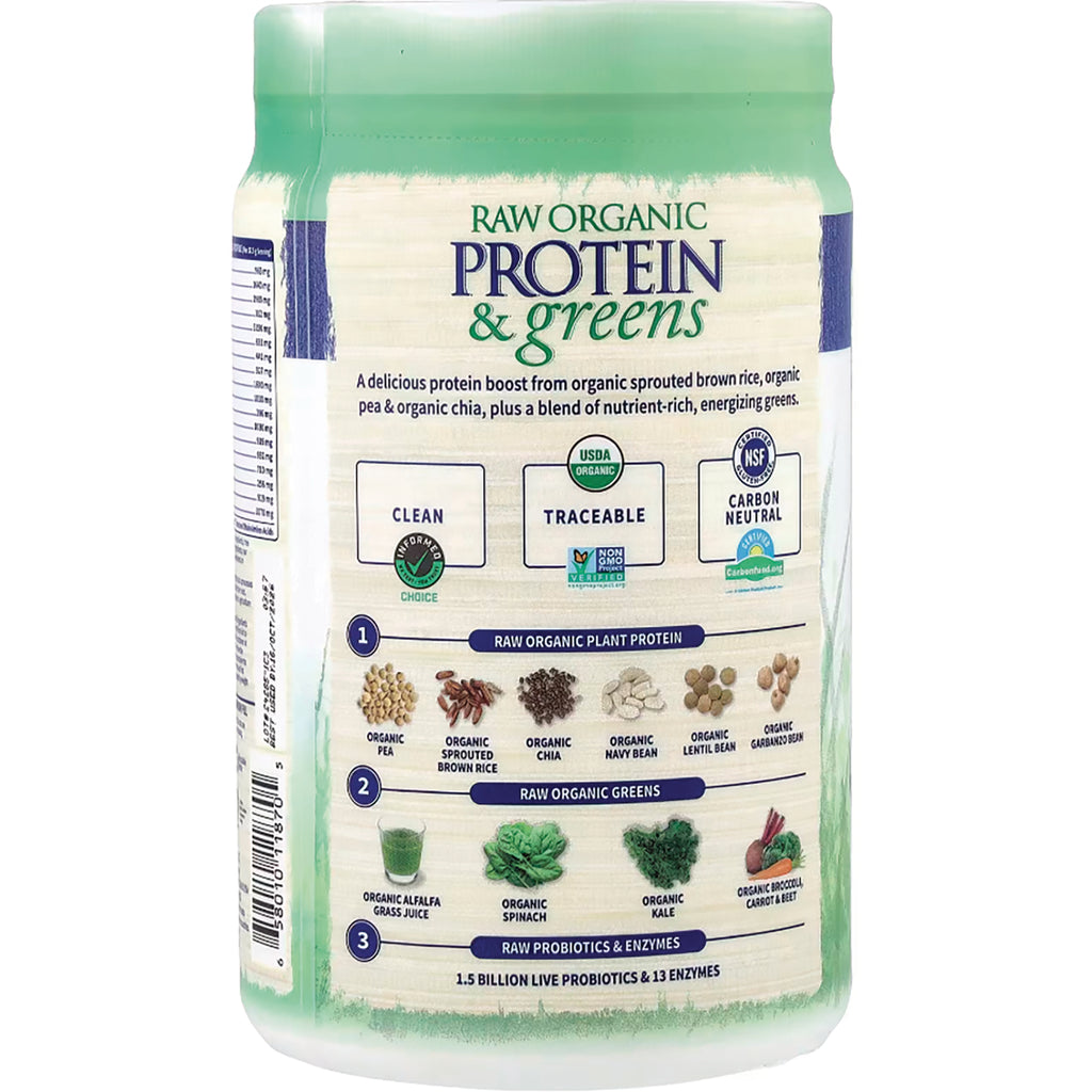 GLF220 | Back label of RAW ORGANIC PROTEIN & greens container showing ingredients, certifications and ingredient illustrations - Thumbnail