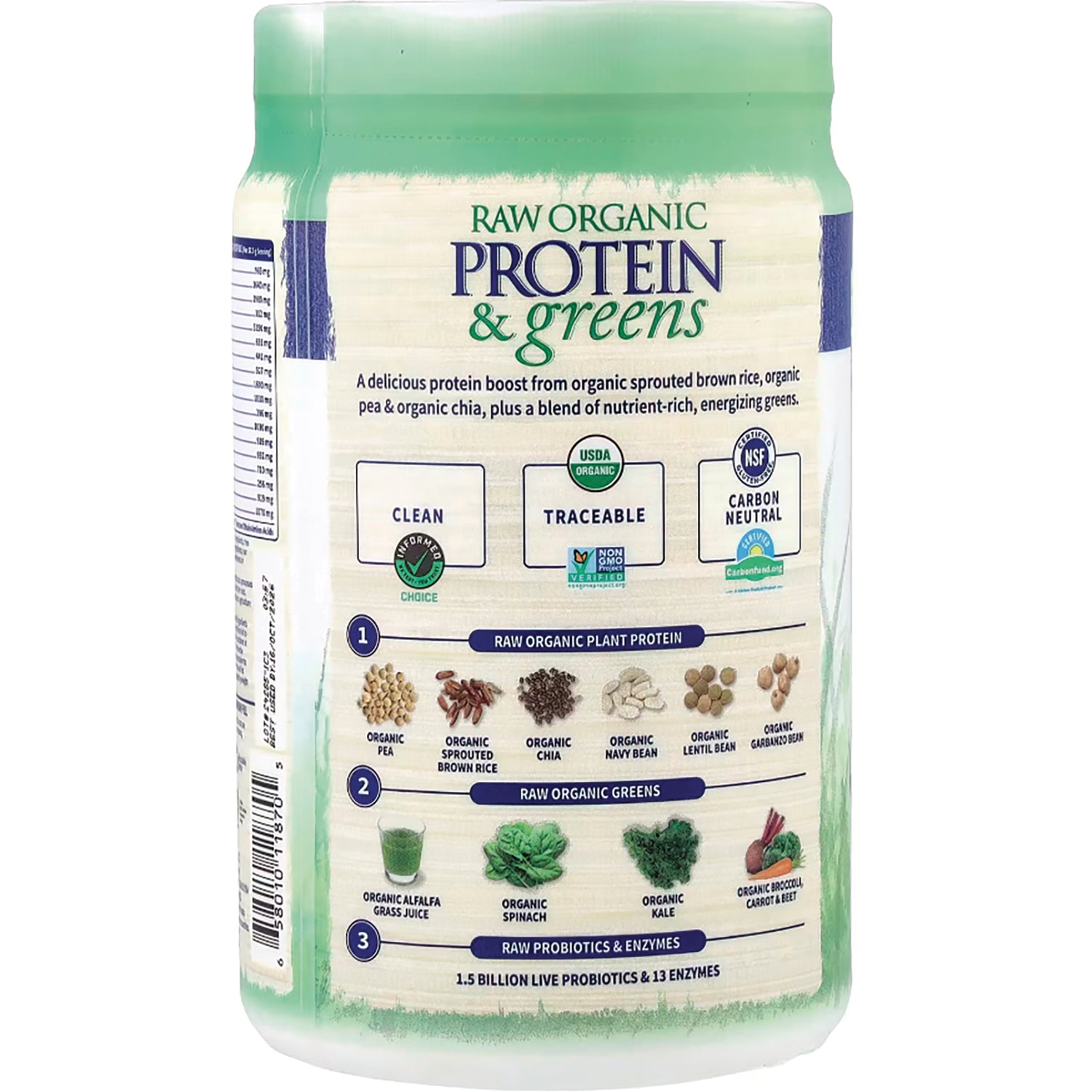 GLF220 | Back label of RAW ORGANIC PROTEIN & greens container showing ingredients, certifications and ingredient illustrations