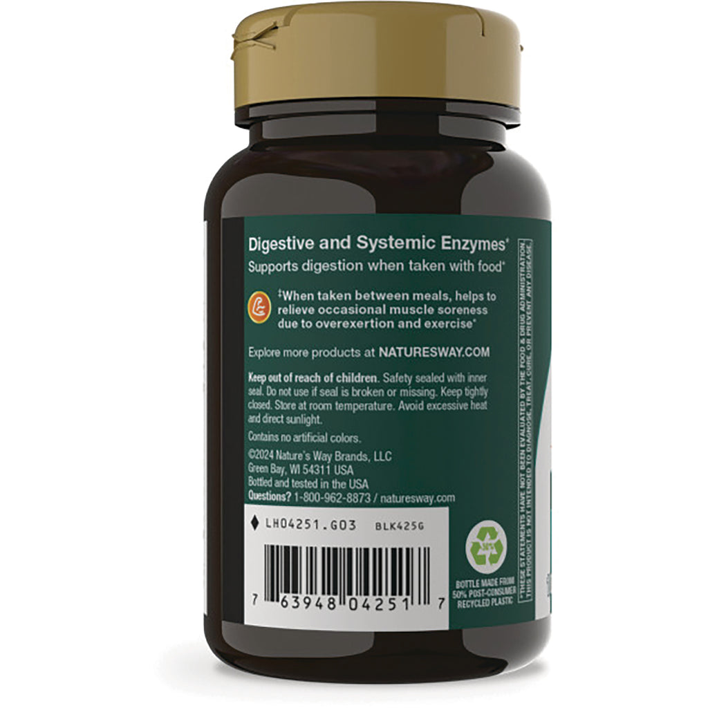 Back label of brown supplement bottle showing Digestive and Systemic Enzymes heading, usage and storage text, and barcode - Thumbnail