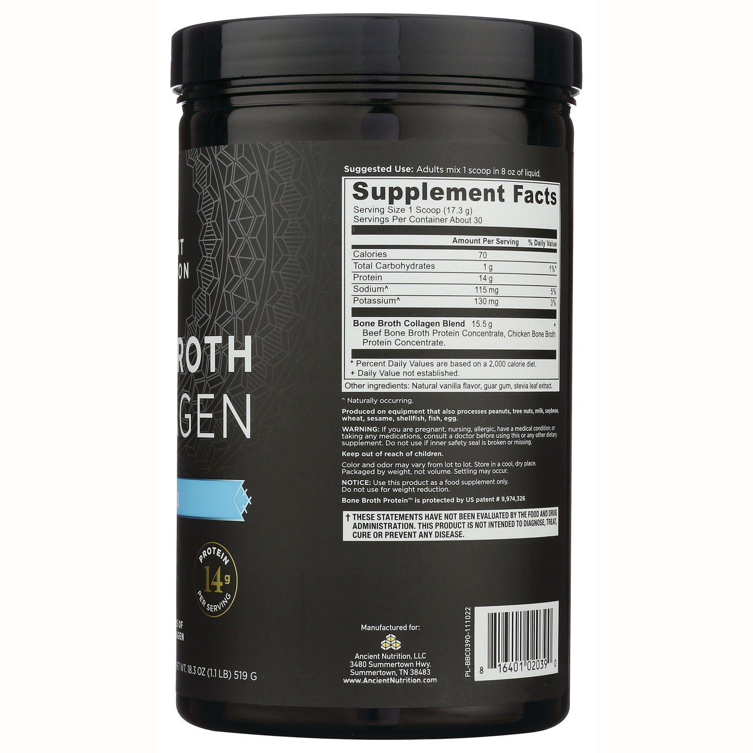 ATN010 | Back of black supplement tub showing Supplement Facts panel, ingredient text, and barcode