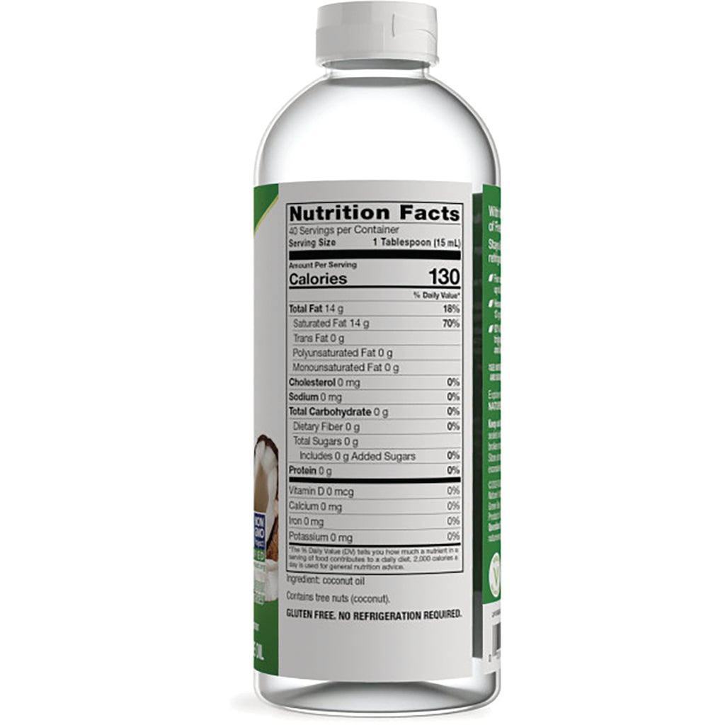 NW848 | back of clear bottle showing Nutrition Facts label listing 130 calories and ingredient coconut oil - Thumbnail