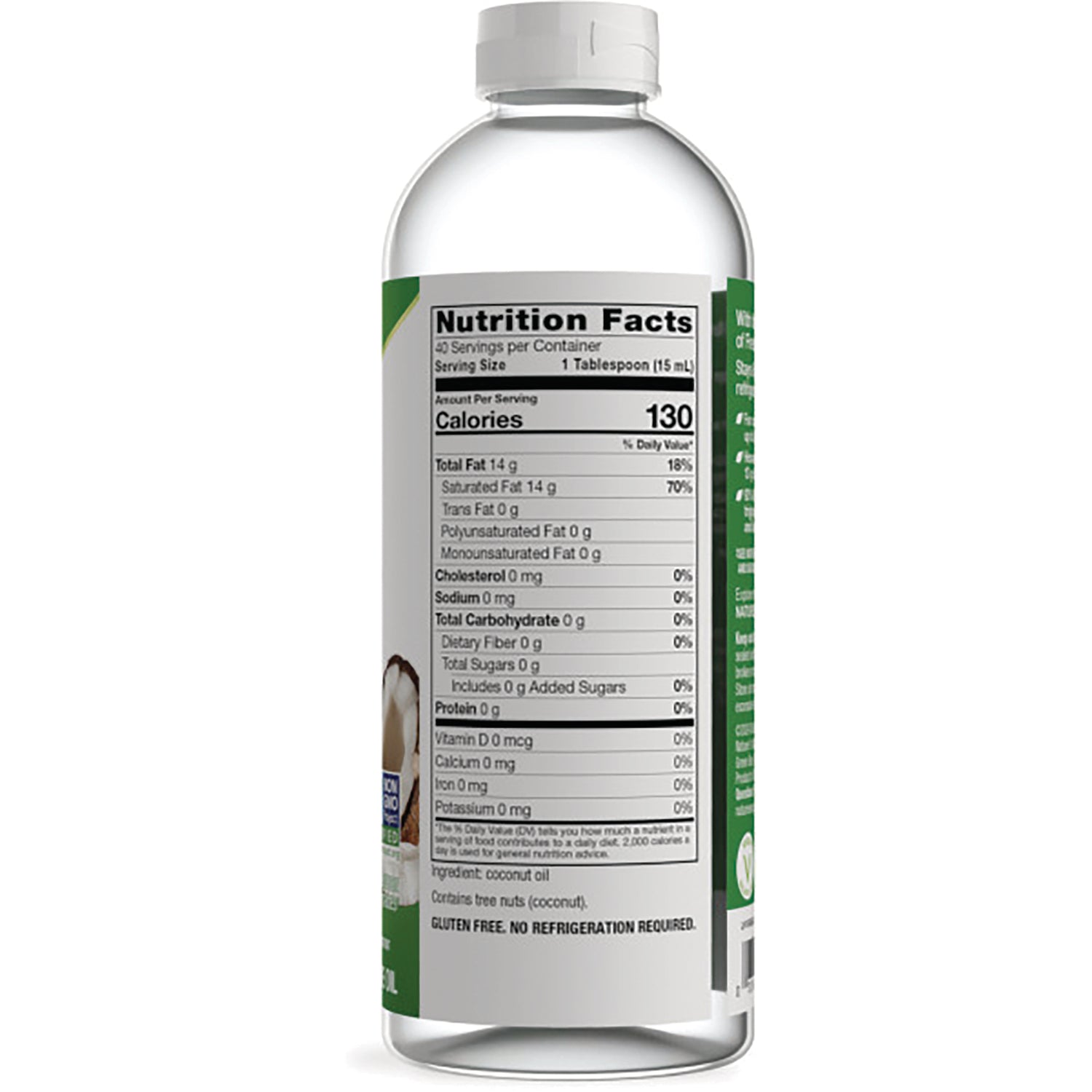 NW848 | back of clear bottle showing Nutrition Facts label listing 130 calories and ingredient coconut oil