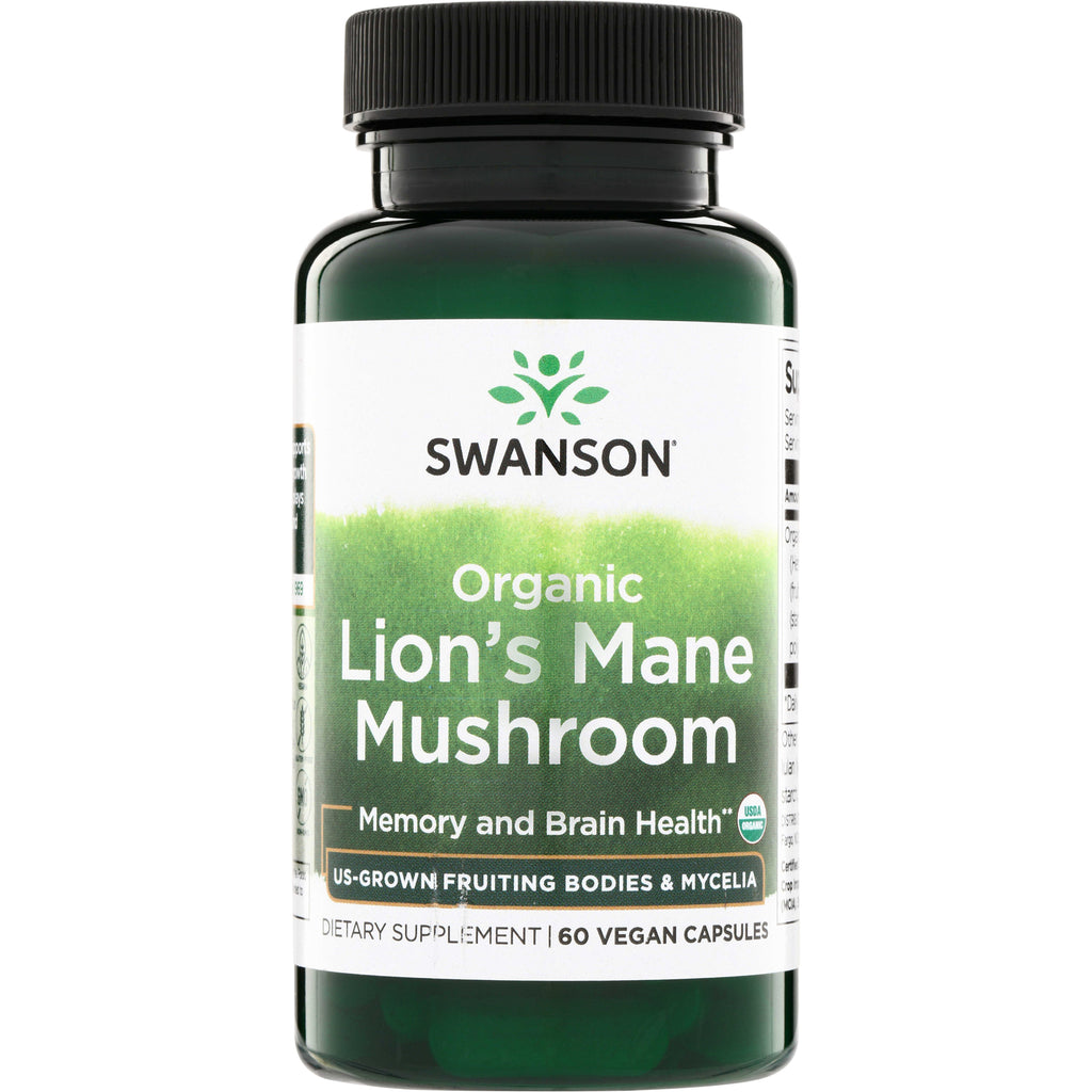 SW1945 | Swanson Organic Lion's Mane Mushroom supplement bottle, Memory and Brain Health, 60 vegan capsules - Thumbnail