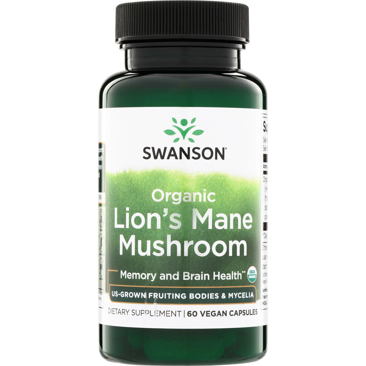 SW1945 | Swanson Organic Lion's Mane Mushroom supplement bottle, Memory and Brain Health, 60 vegan capsules
