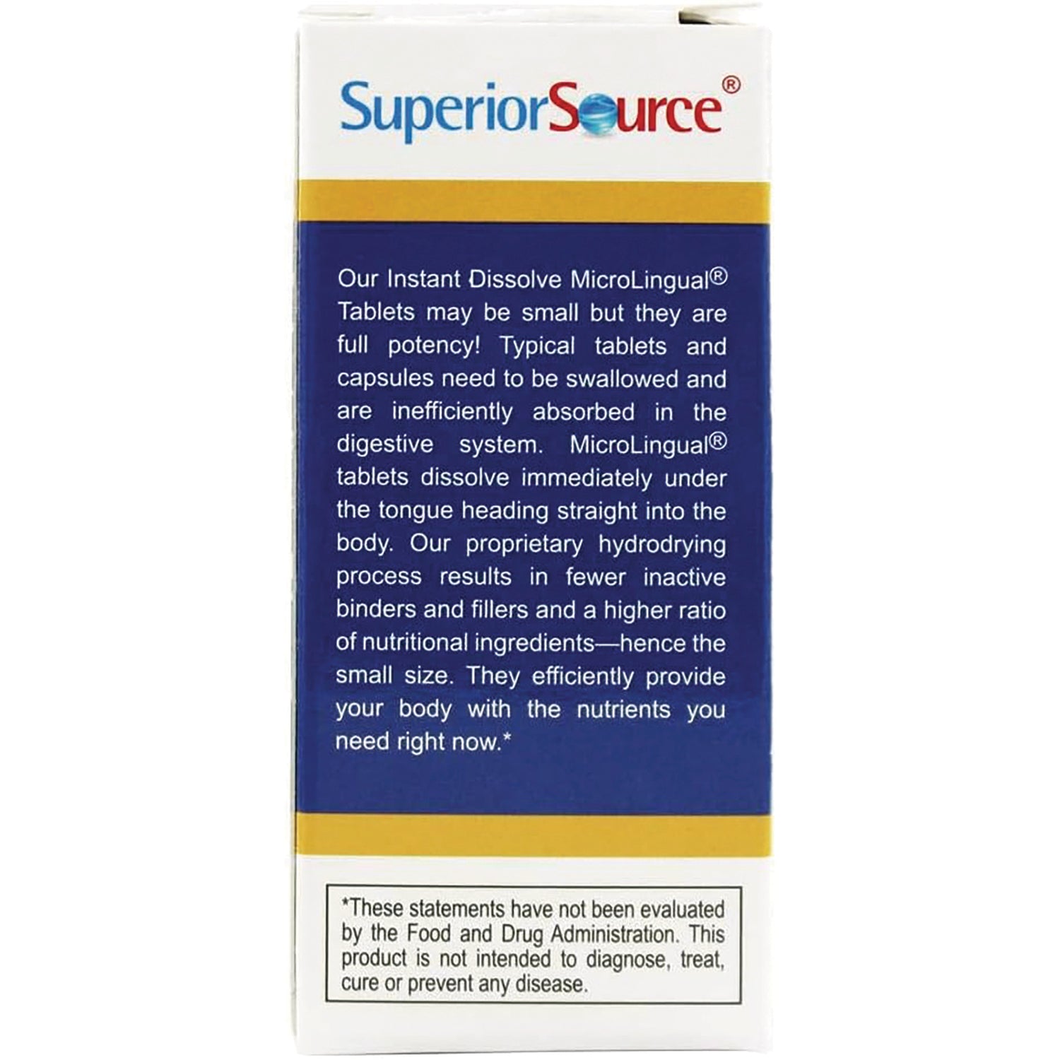 SUS020 | Superior Source box back with MicroLingual tablets description and FDA disclaimer