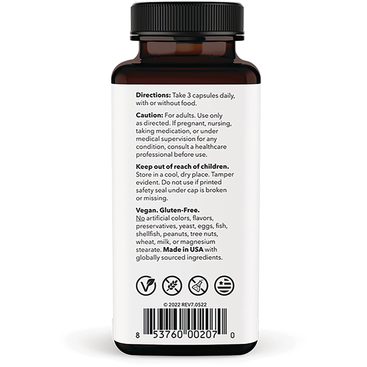 LSS001 | Back label of brown supplement bottle showing directions, caution, vegan gluten-free statements and barcode