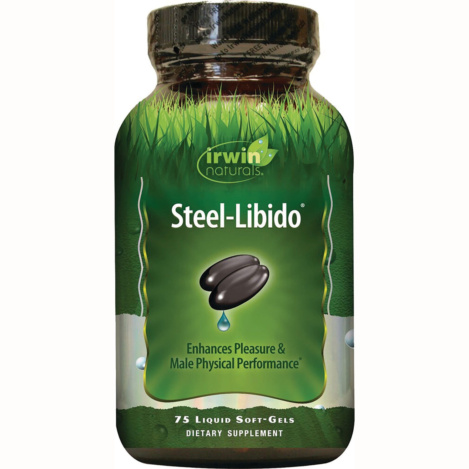 IR093 | Irwin Naturals Steel-Libido bottle front label reading Enhances Pleasure & Male Physical Performance, 75 liquid soft-gels