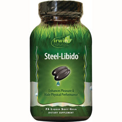 IR093 | Irwin Naturals Steel-Libido bottle front label reading Enhances Pleasure & Male Physical Performance, 75 liquid soft-gels