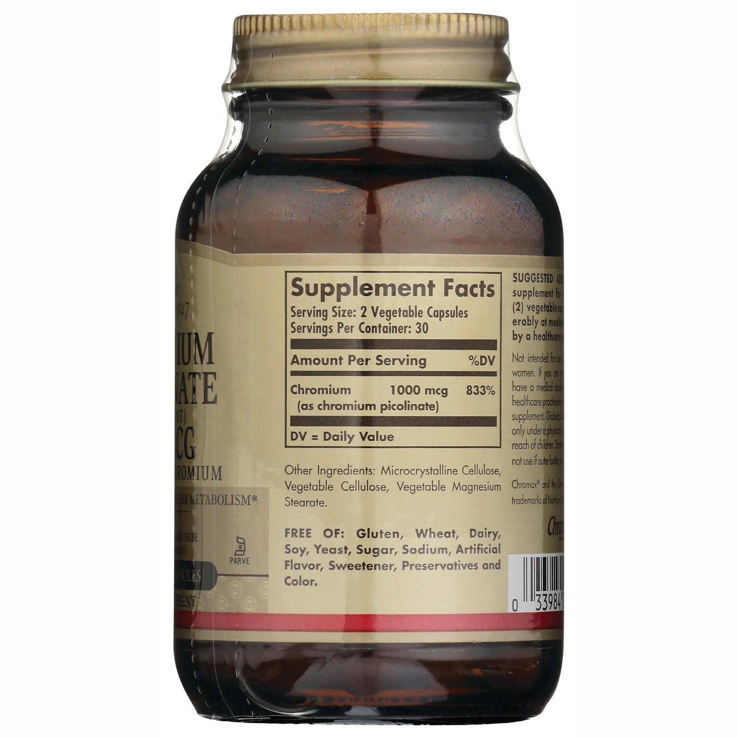 SLG269 | Back label showing Supplement Facts with Chromium 1000 mcg, ingredients, and free-of list