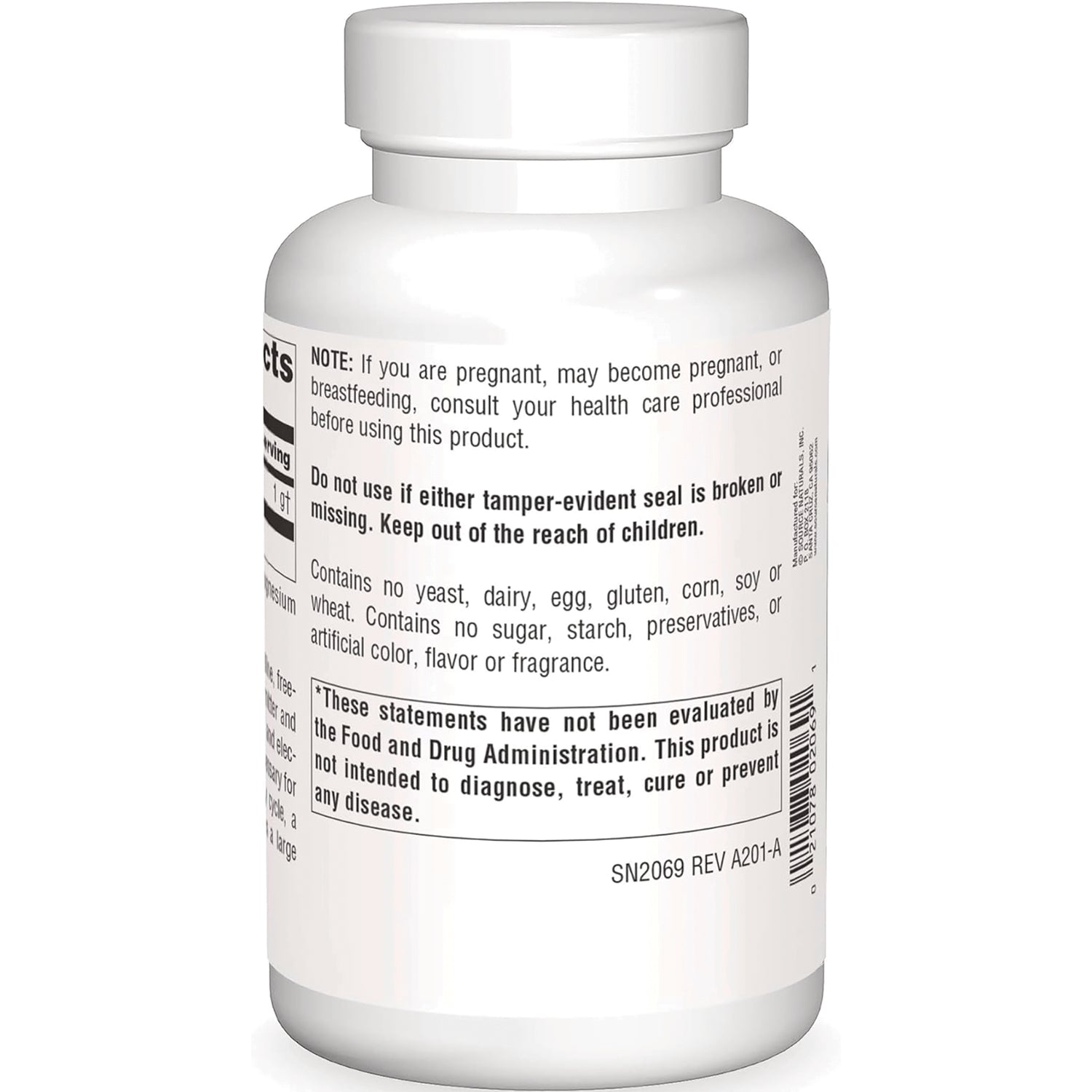SN803 | Supplement bottle back label with warning text, allergen-free statement, and FDA disclaimer