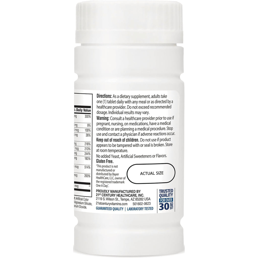 White supplement bottle back label showing directions, warnings, nutrition facts and ACTUAL SIZE oval - Thumbnail