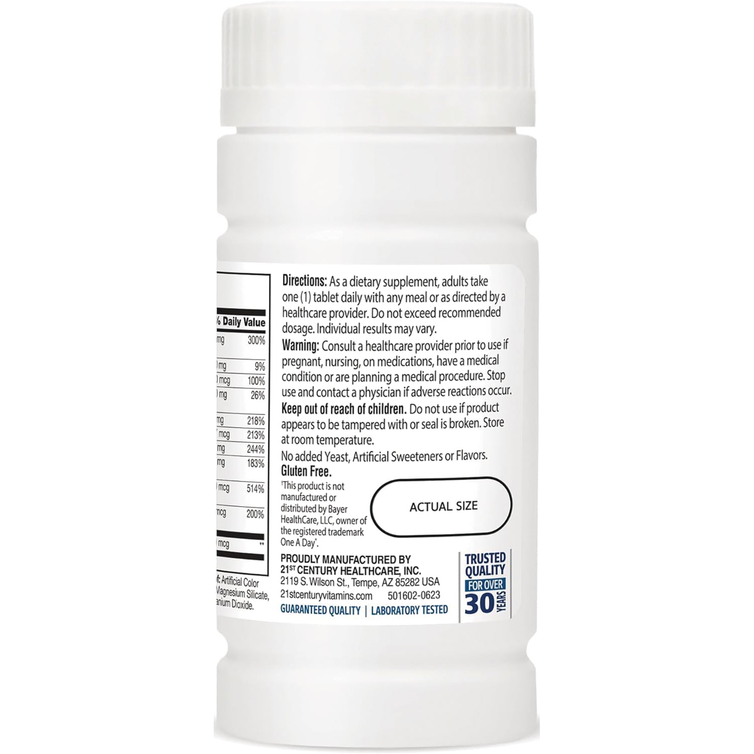 White supplement bottle back label showing directions, warnings, nutrition facts and ACTUAL SIZE oval