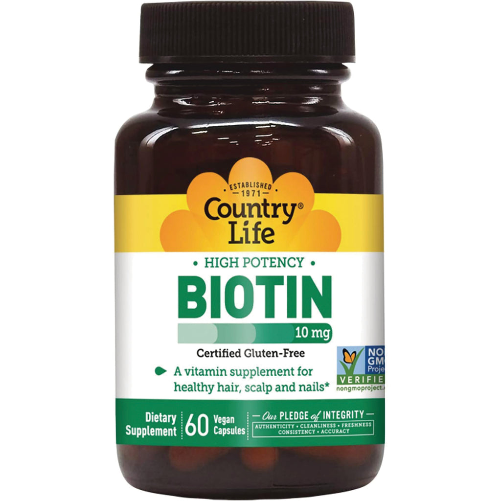 CRL550 | Country Life Biotin 10 mg bottle, high potency dietary supplement, 60 vegan capsules - Thumbnail