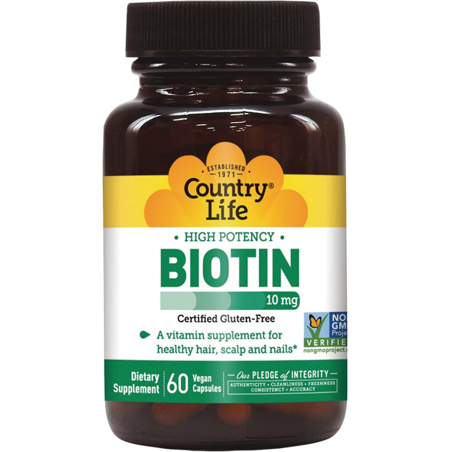 CRL550 | Country Life Biotin 10 mg bottle, high potency dietary supplement, 60 vegan capsules