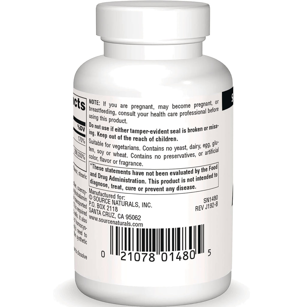 SN502 | Back label of Source Naturals supplement bottle with warnings, manufacturer info, and barcode - Thumbnail