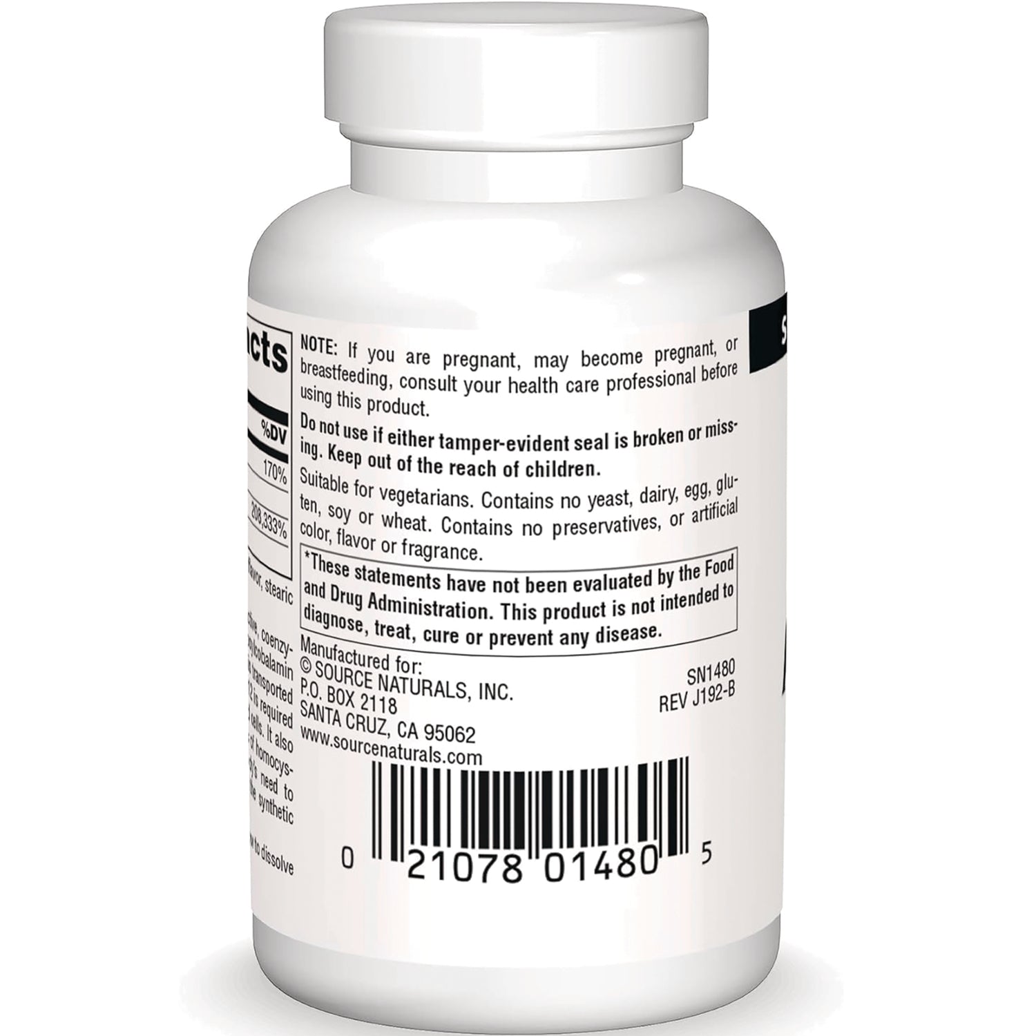 SN502 | Back label of Source Naturals supplement bottle with warnings, manufacturer info, and barcode