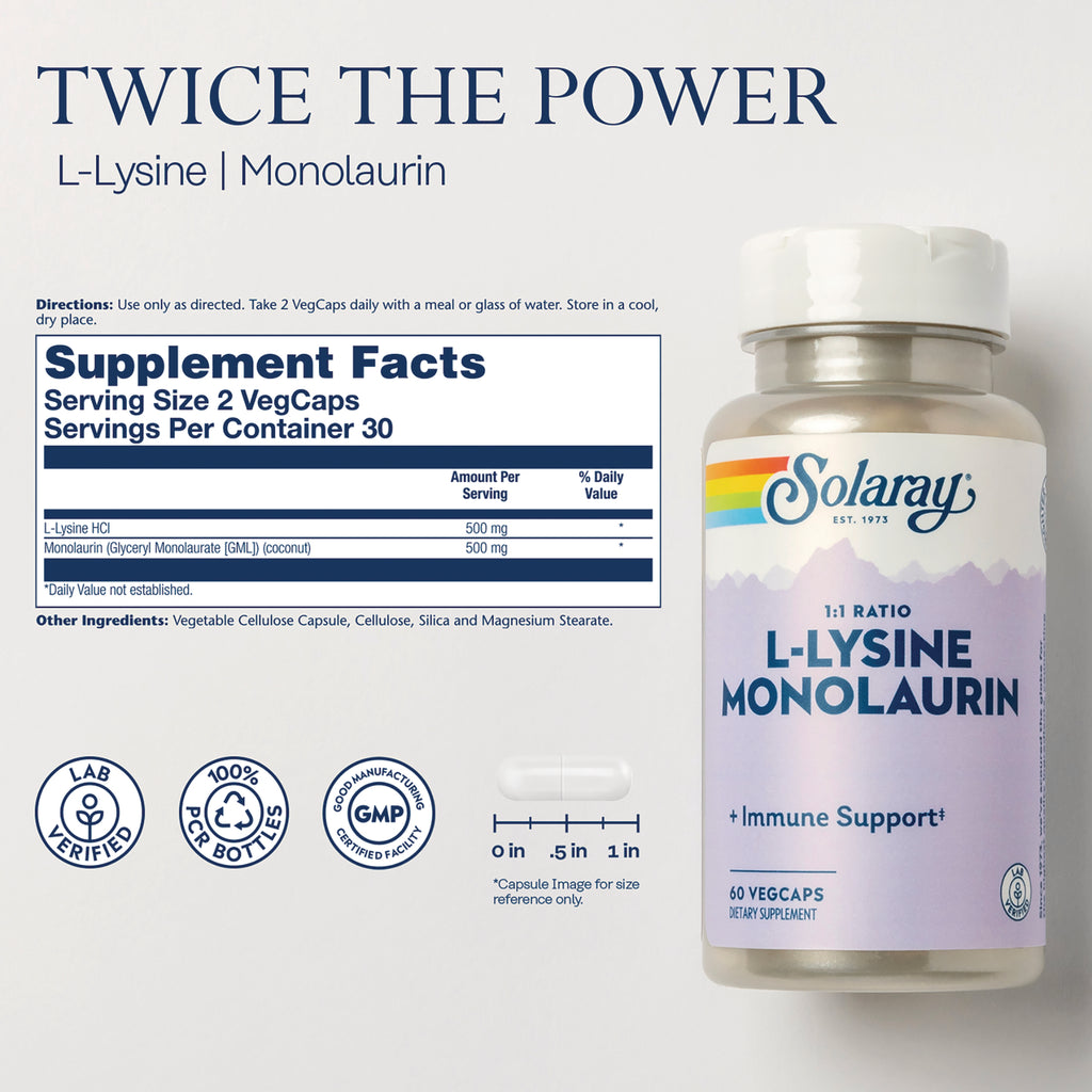 SLR547 | back label with Supplement Facts panel, Solaray L-Lysine Monolaurin bottle, capsule size graphic and certification icons - Thumbnail