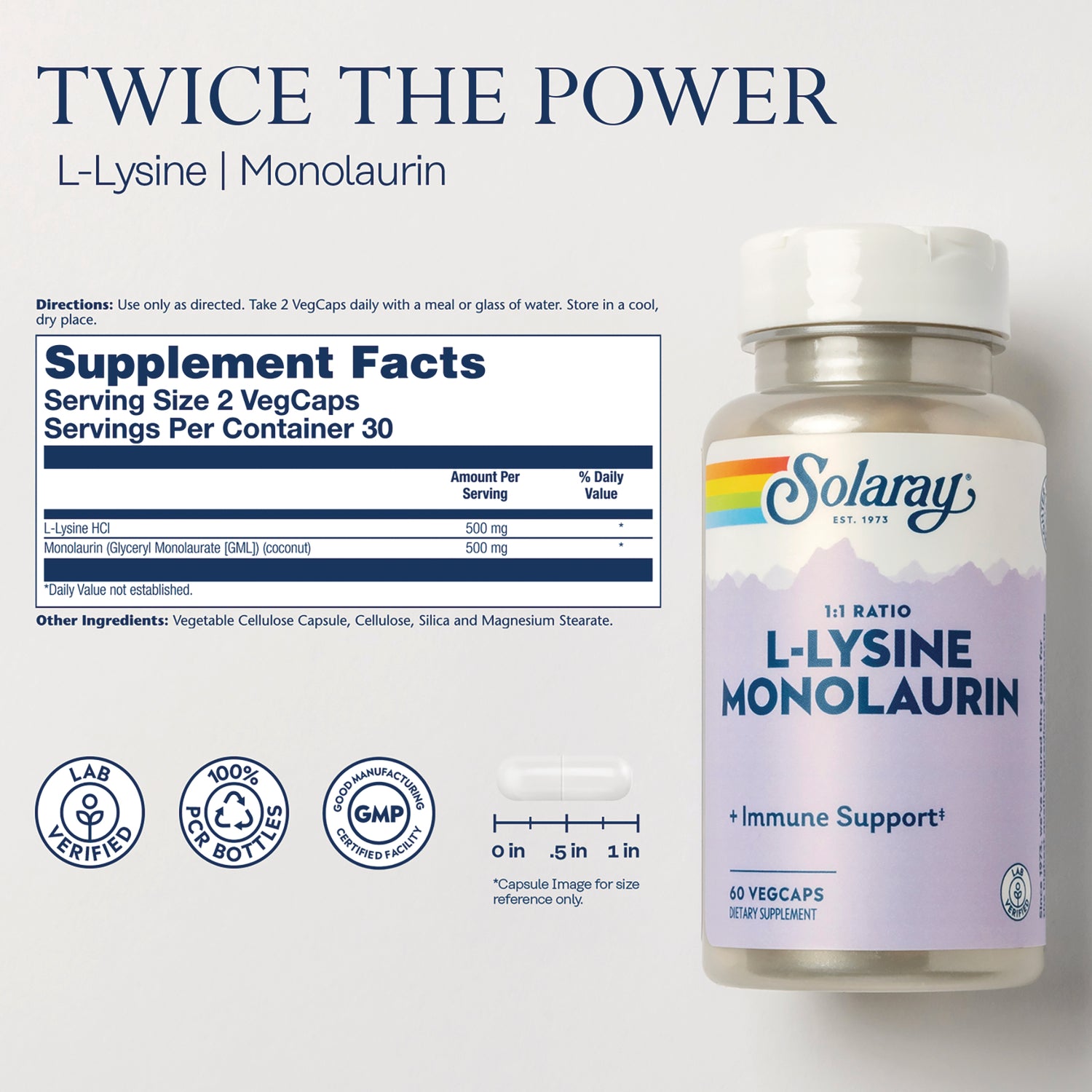 SLR547 | back label with Supplement Facts panel, Solaray L-Lysine Monolaurin bottle, capsule size graphic and certification icons