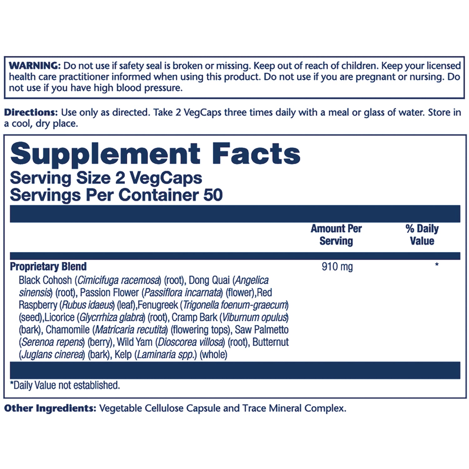 SLR449 | Supplement Facts panel with warnings, directions, serving size 2 VegCaps, 50 servings, proprietary blend 910 mg