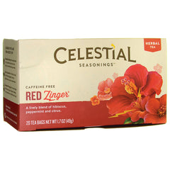 CEL017 | Celestial Seasonings Red Zinger tea box front, caffeine free, hibiscus and peppermint blend, 20 tea bags