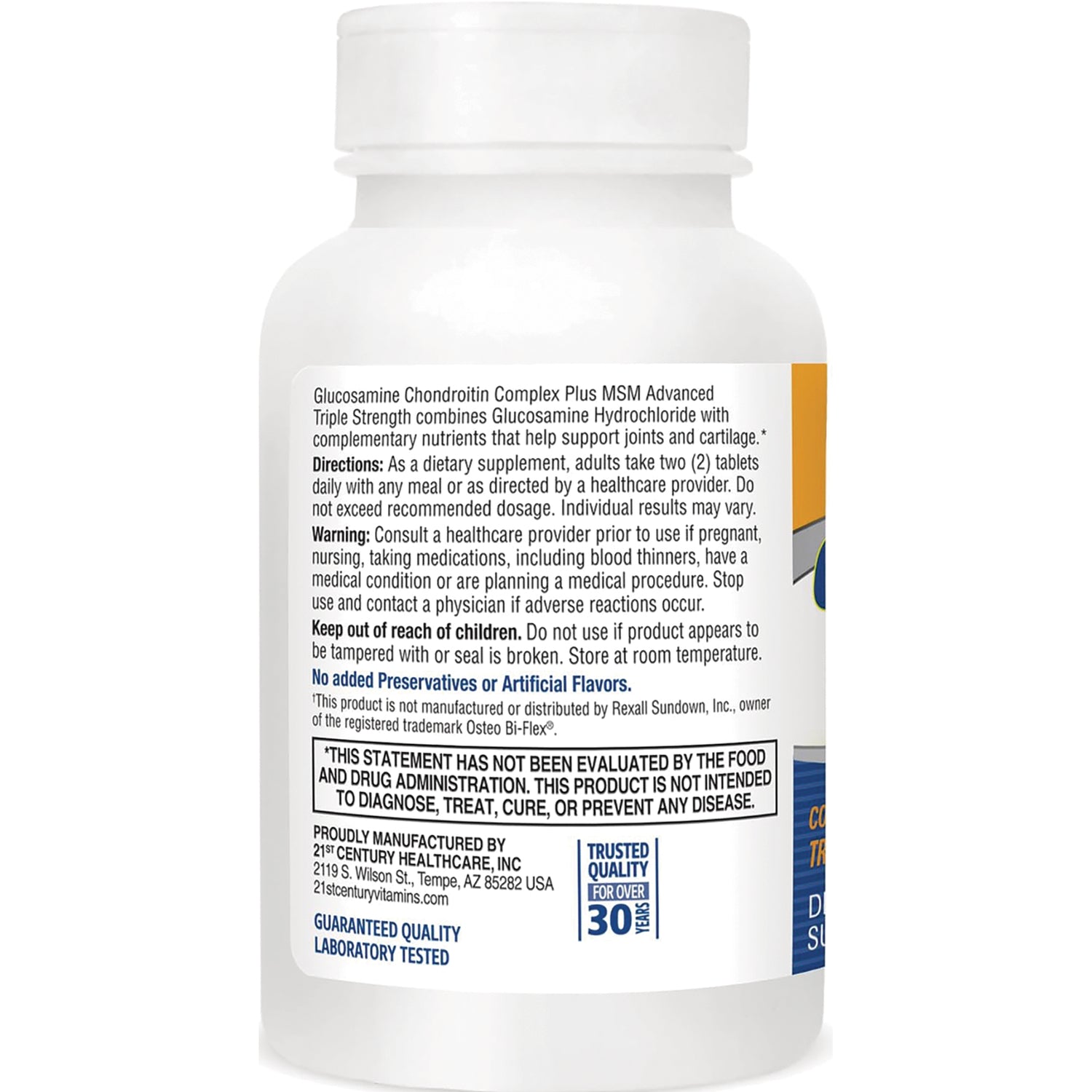 CNT200 | back label of white supplement bottle showing directions, warnings, Keep out of reach of children, and guaranteed quality text