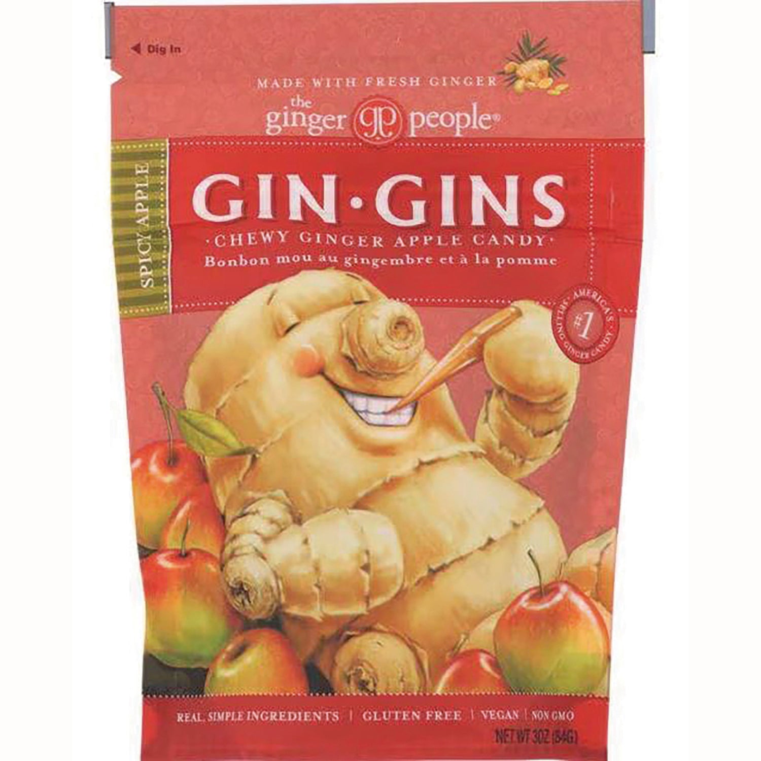 GPE006 | red package of Gin Gins chewy ginger apple candy featuring a smiling ginger root illustration and apples