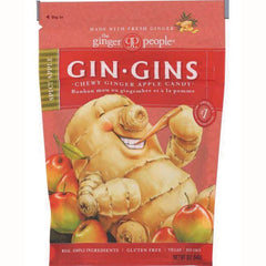 GPE006 | red package of Gin Gins chewy ginger apple candy featuring a smiling ginger root illustration and apples