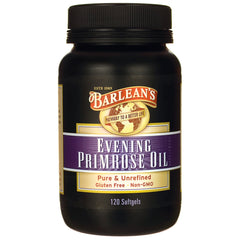 BAR044 | Barlean's Evening Primrose Oil bottle, 120 softgels, label reads Pure & Unrefined Gluten Free Non-GMO