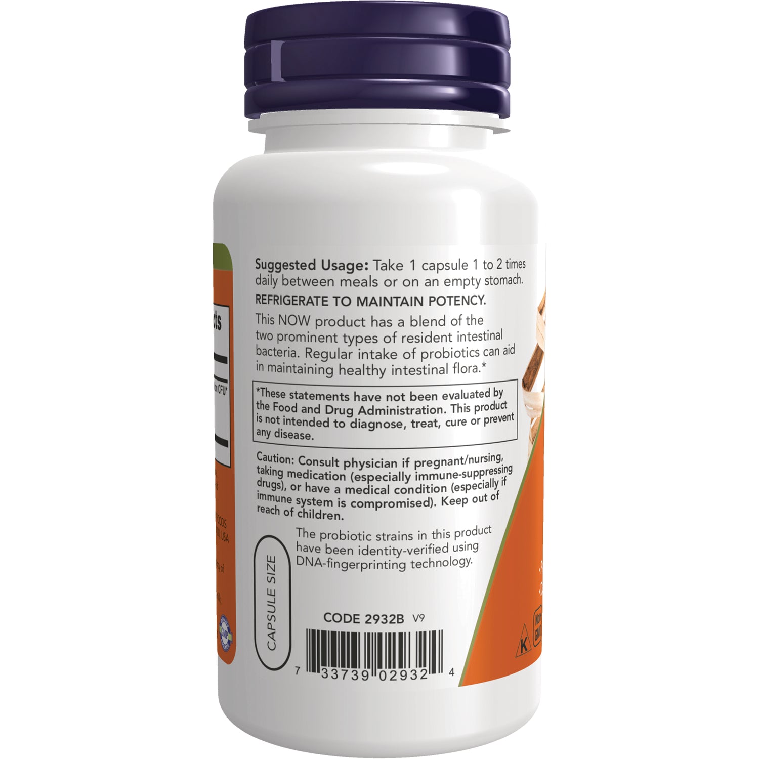 NWF014 | Back label of white supplement bottle showing suggested usage, caution text and barcode