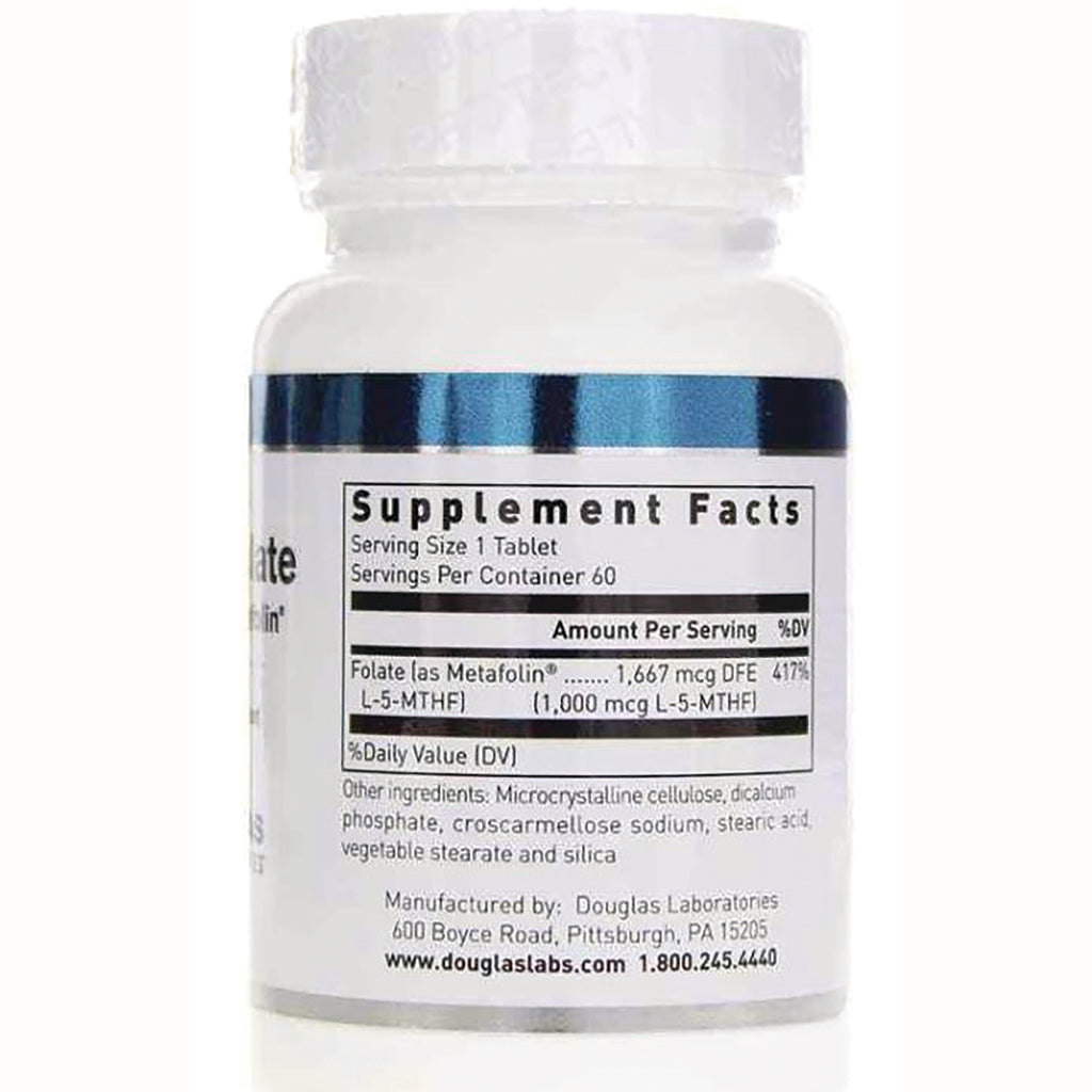 DGL037 | Back of white supplement bottle showing Supplement Facts panel with serving size, folate amount, and manufacturer contact - Thumbnail