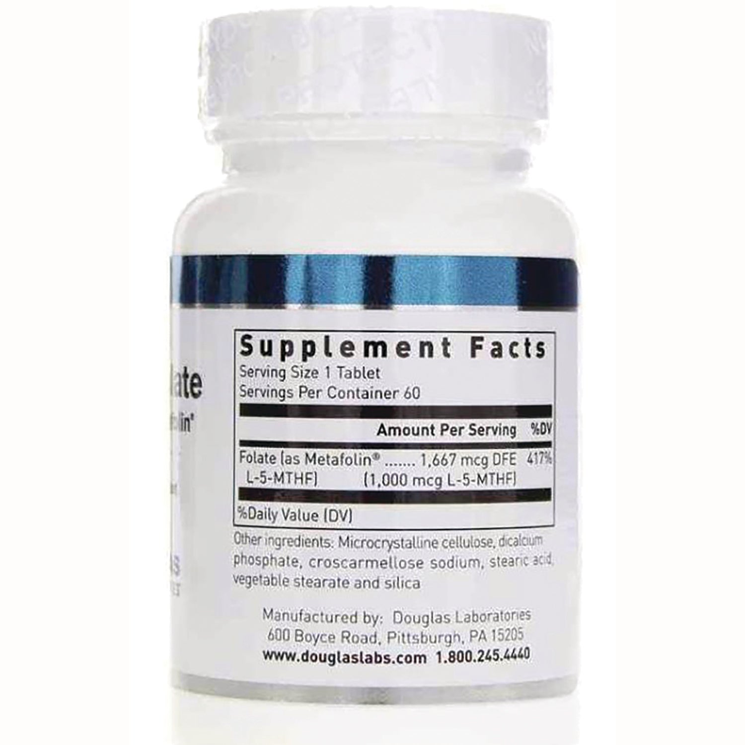 DGL037 | Back of white supplement bottle showing Supplement Facts panel with serving size, folate amount, and manufacturer contact