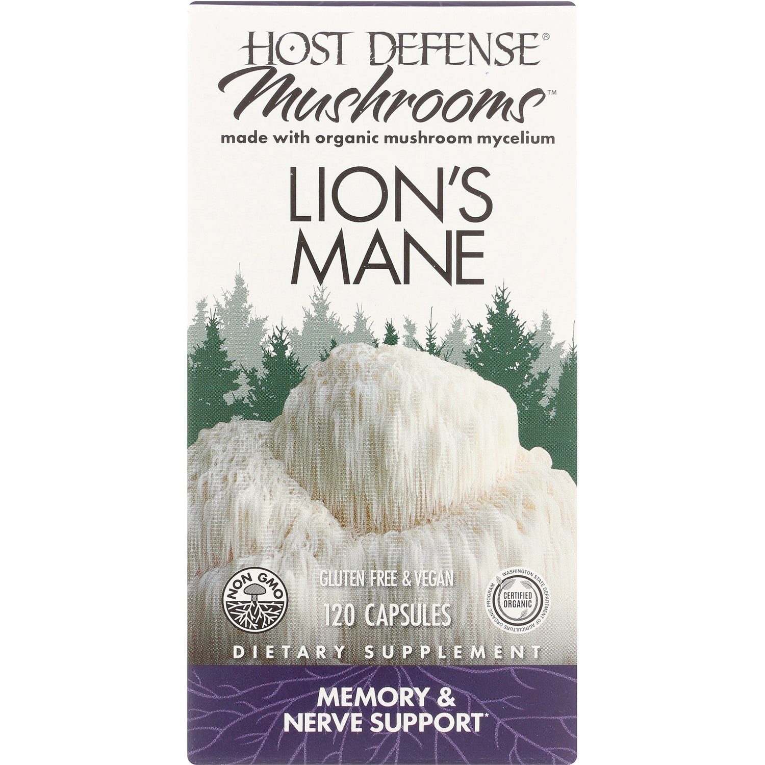 FUN025 | Host Defense Mushrooms Lion's Mane supplement box, 120 capsules, gluten free and vegan, memory and nerve support