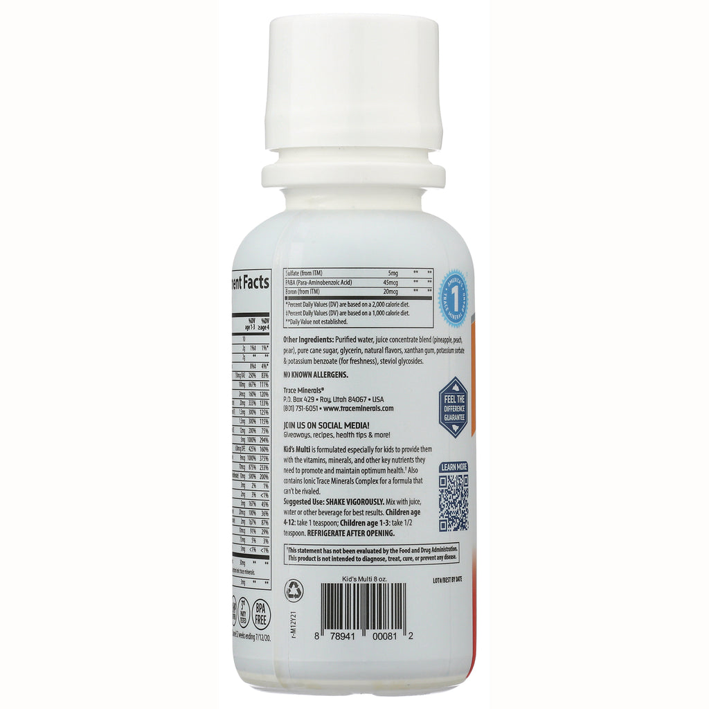 TM042 | Back of kids' liquid multivitamin bottle showing Supplement Facts, ingredients, barcode, and directions - Thumbnail