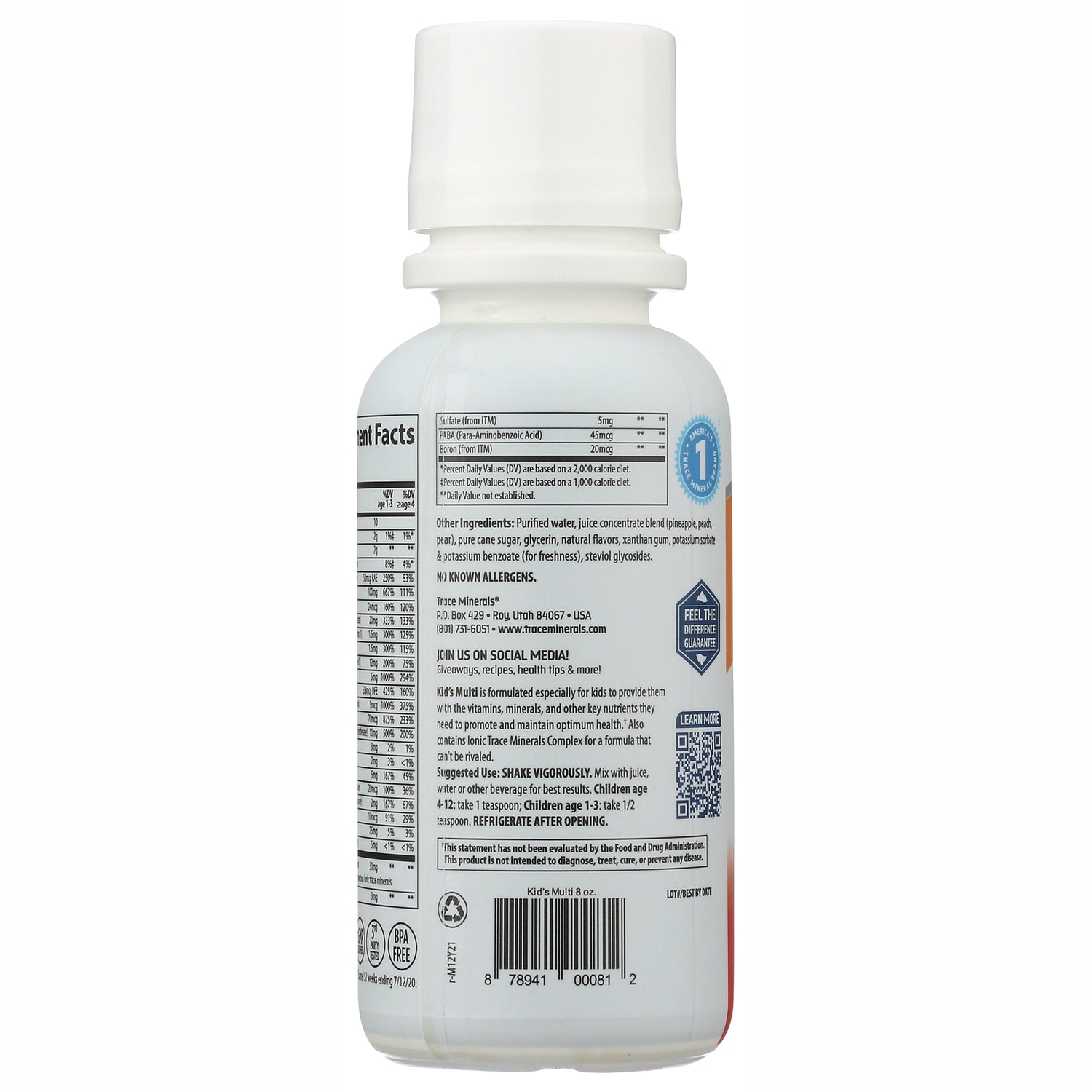 TM042 | Back of kids' liquid multivitamin bottle showing Supplement Facts, ingredients, barcode, and directions