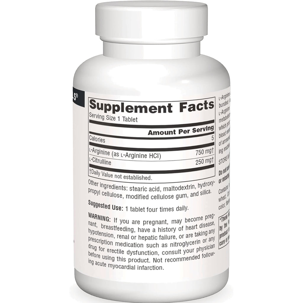 SN208 | Supplement Facts panel with serving size 1 tablet, L-Arginine 750 mg, and L-Citrulline 250 mg - Thumbnail