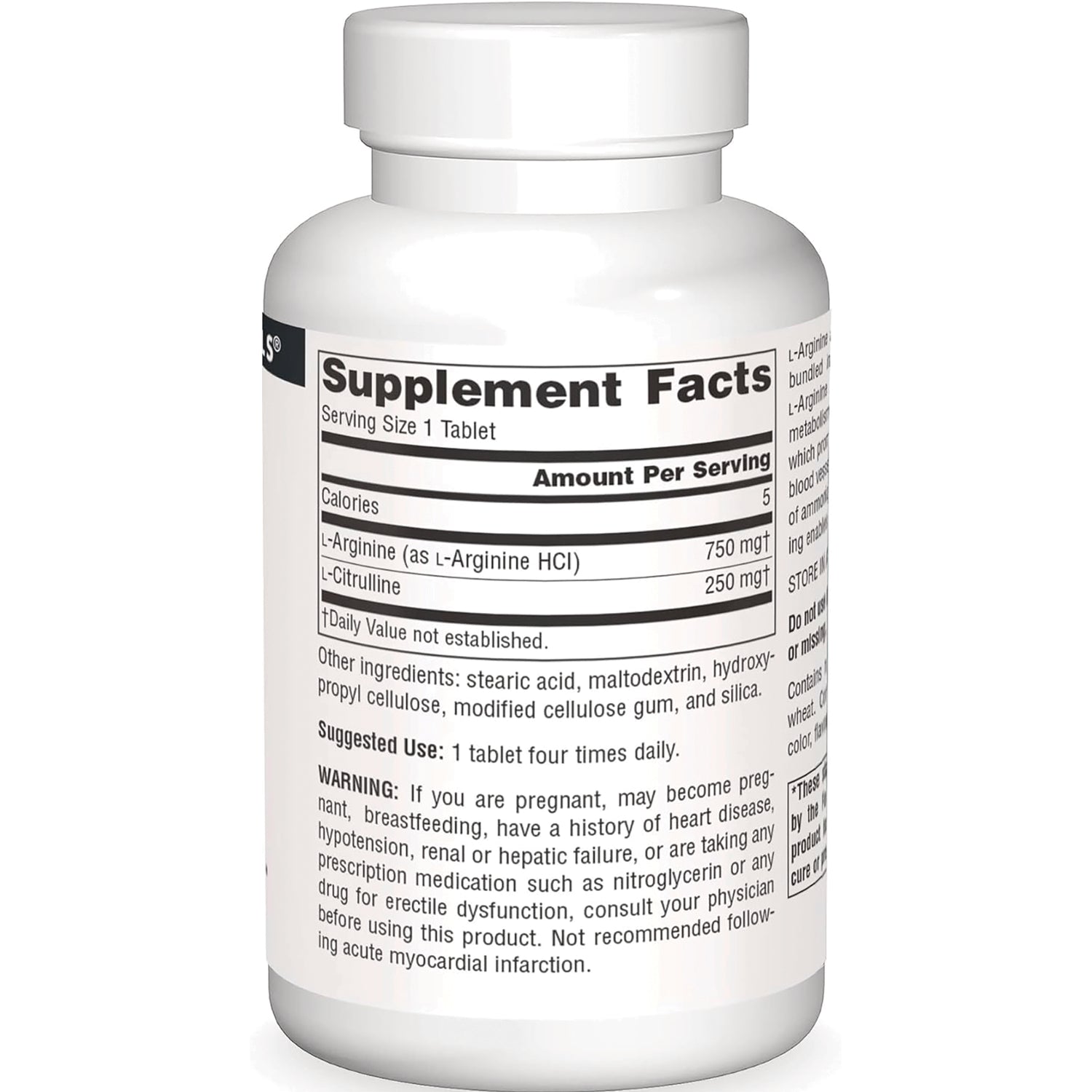 SN208 | Supplement Facts panel with serving size 1 tablet, L-Arginine 750 mg, and L-Citrulline 250 mg