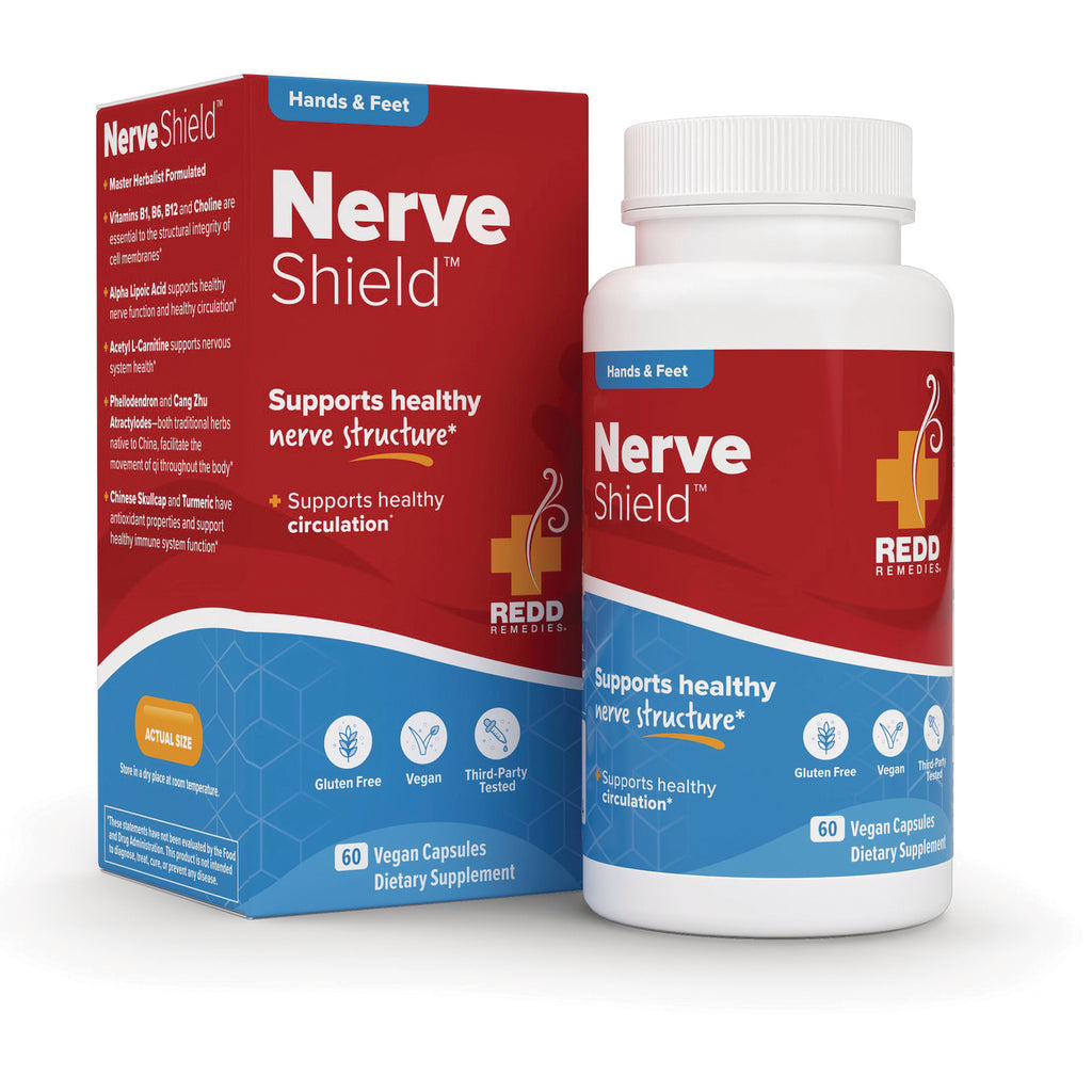 RED004 | Nerve Shield dietary supplement bottle and box with red and blue label, 60 vegan capsules - Thumbnail