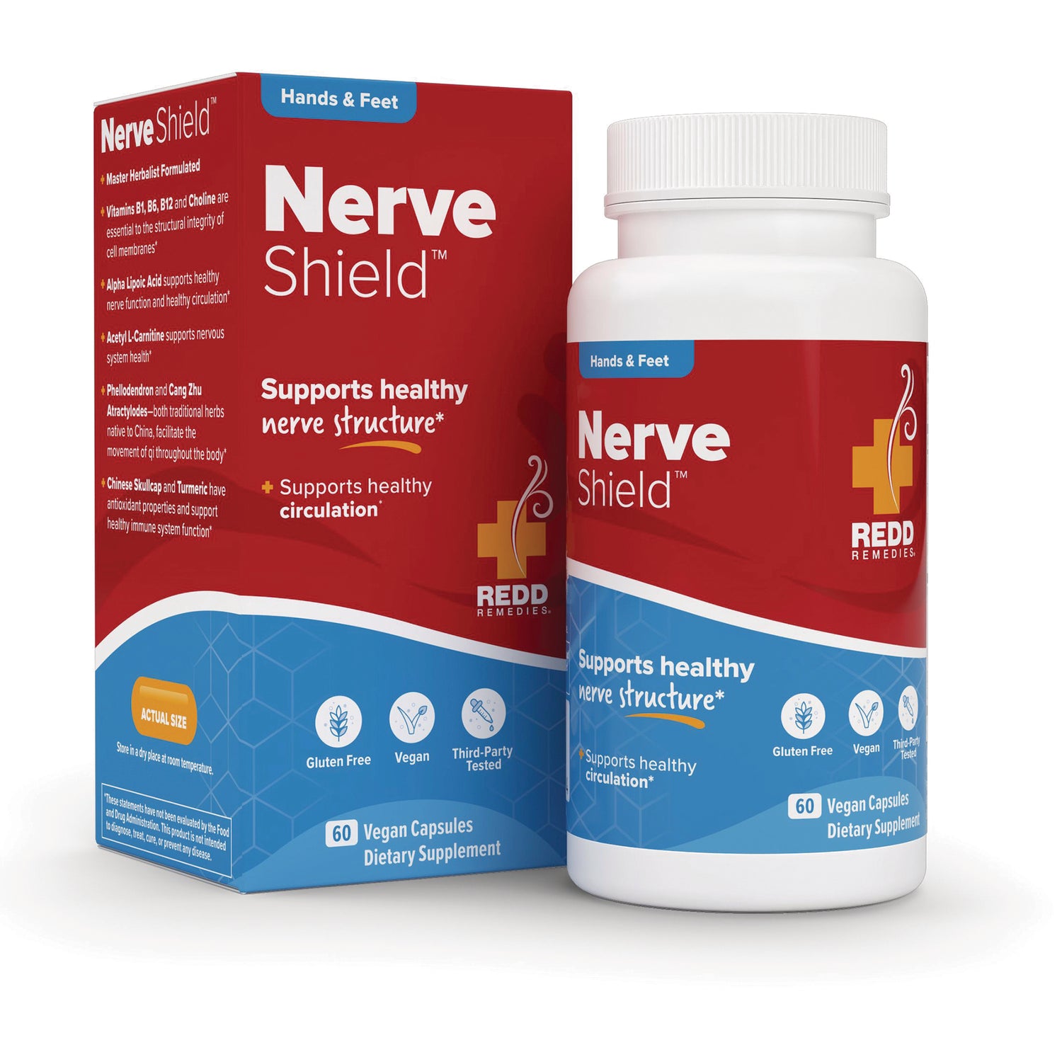 RED004 | Nerve Shield dietary supplement bottle and box with red and blue label, 60 vegan capsules