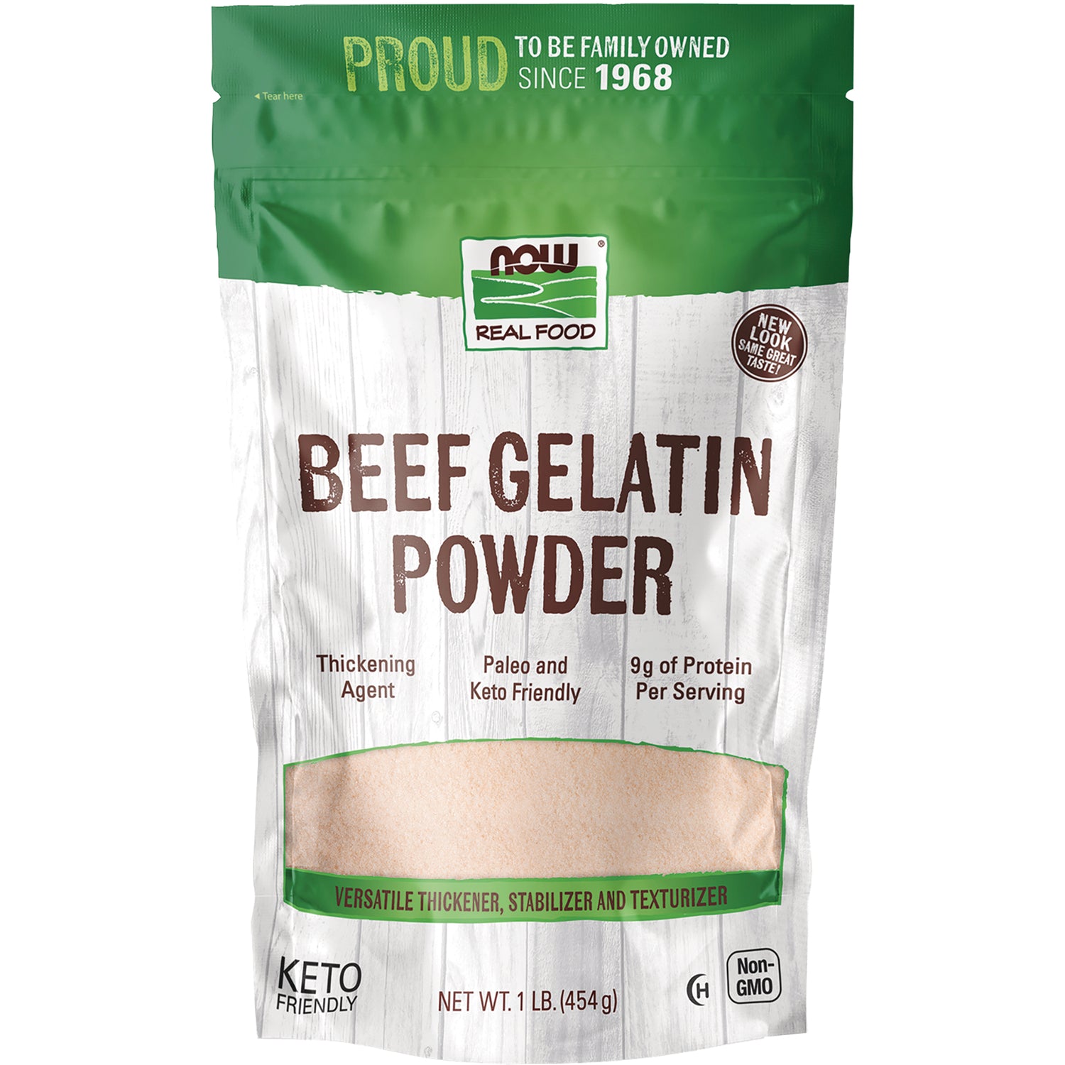NWF1029 | NOW Real Food Beef Gelatin Powder front pouch with clear window, keto friendly, 9g protein per serving