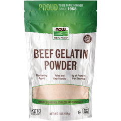 NWF1029 | NOW Real Food Beef Gelatin Powder front pouch with clear window, keto friendly, 9g protein per serving