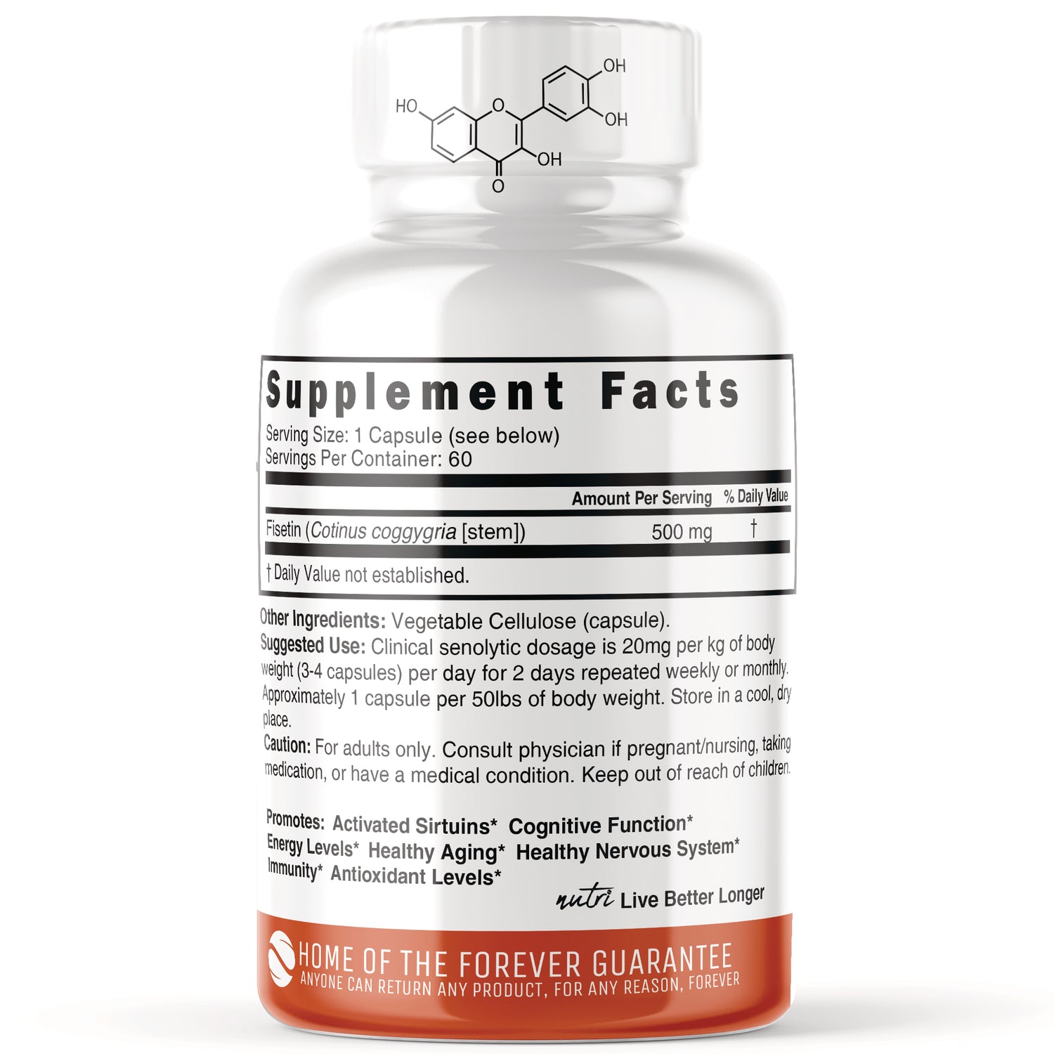 NFU003 | supplement bottle back label with Supplement Facts panel, serving size, ingredients, and usage directions
