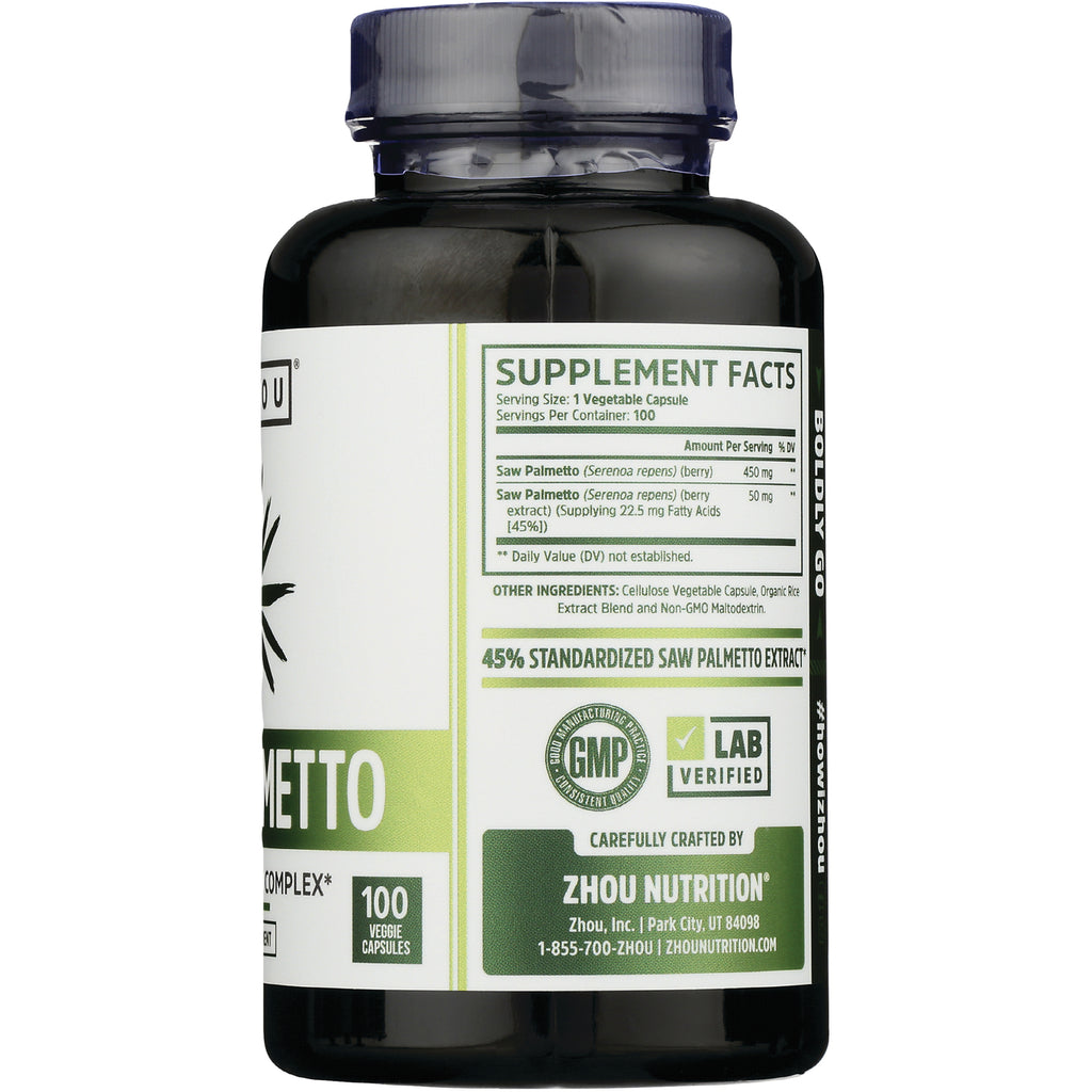 ZOU003 | Back label showing Supplement Facts for Zhou Nutrition Saw Palmetto, 100 veggie capsules - Thumbnail