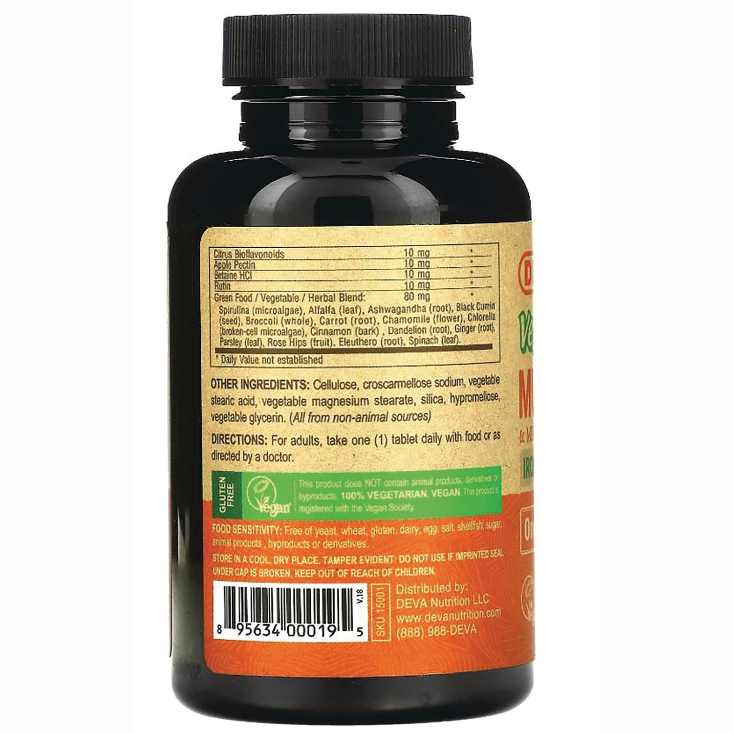 DEV002 | back of supplement bottle showing ingredient panel, directions, certification icons and barcode