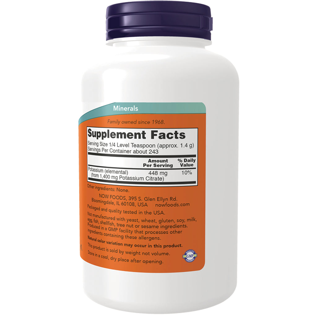 NWF1374 | Back of white supplement bottle with orange Supplement Facts label showing Potassium 448 mg and company address - Thumbnail