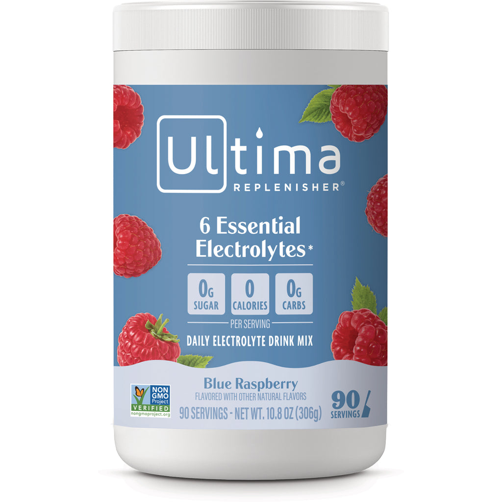 UHP030 | Ultima Replenisher Blue Raspberry electrolyte drink mix canister, 6 Essential Electrolytes, 0g sugar, 90 servings - Thumbnail