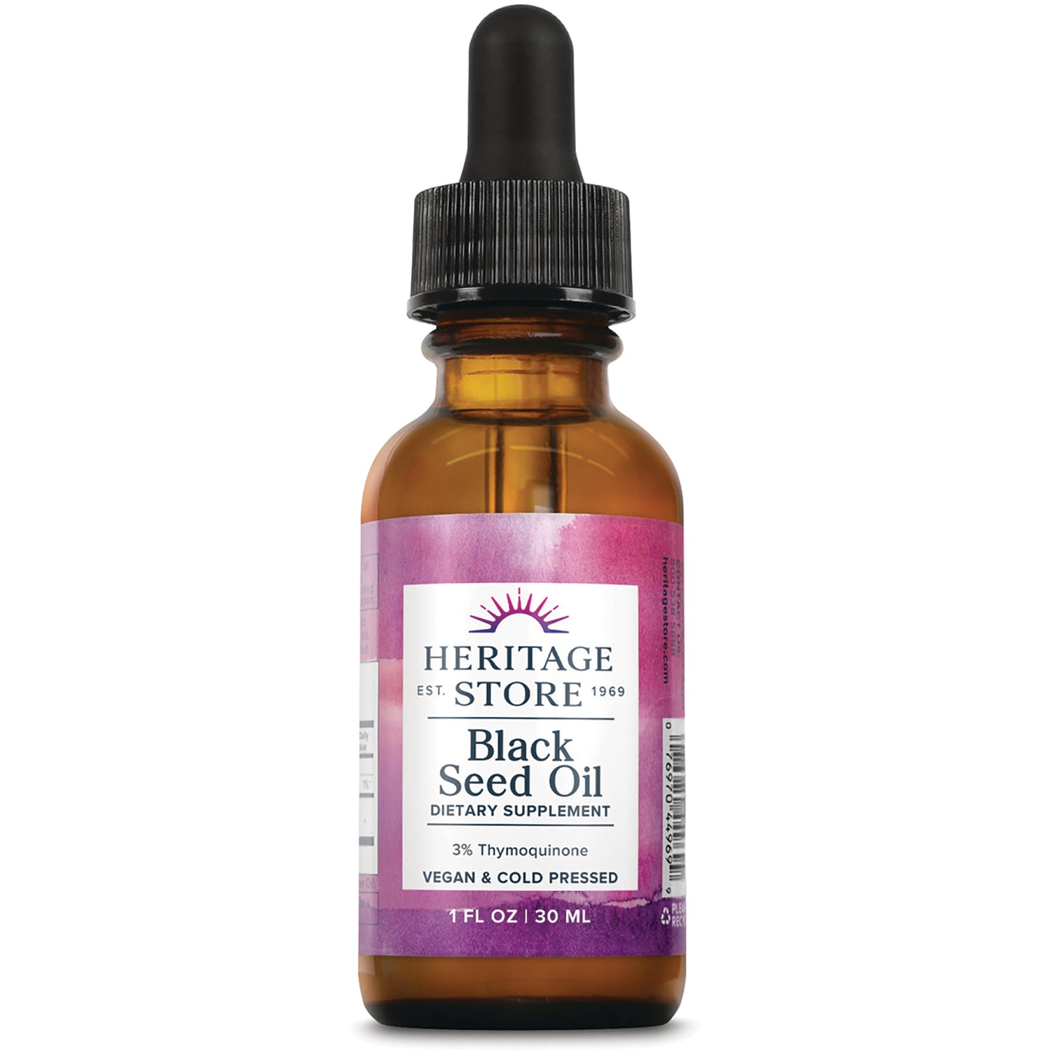 HTG105 | Amber glass dropper bottle labeled HERITAGE STORE Black Seed Oil dietary supplement 1 FL OZ